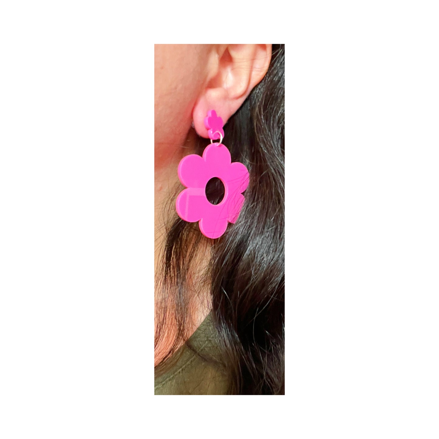 Hot Pink Retro Flower Drop Earrings