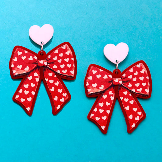 Heart Print Bow Drop Earrings