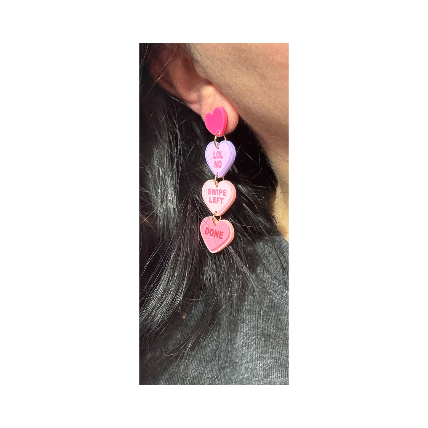 Sarcastic Conversation Heart 3-Tier Anti-Valentine’s Day Acrylic Drop Earrings