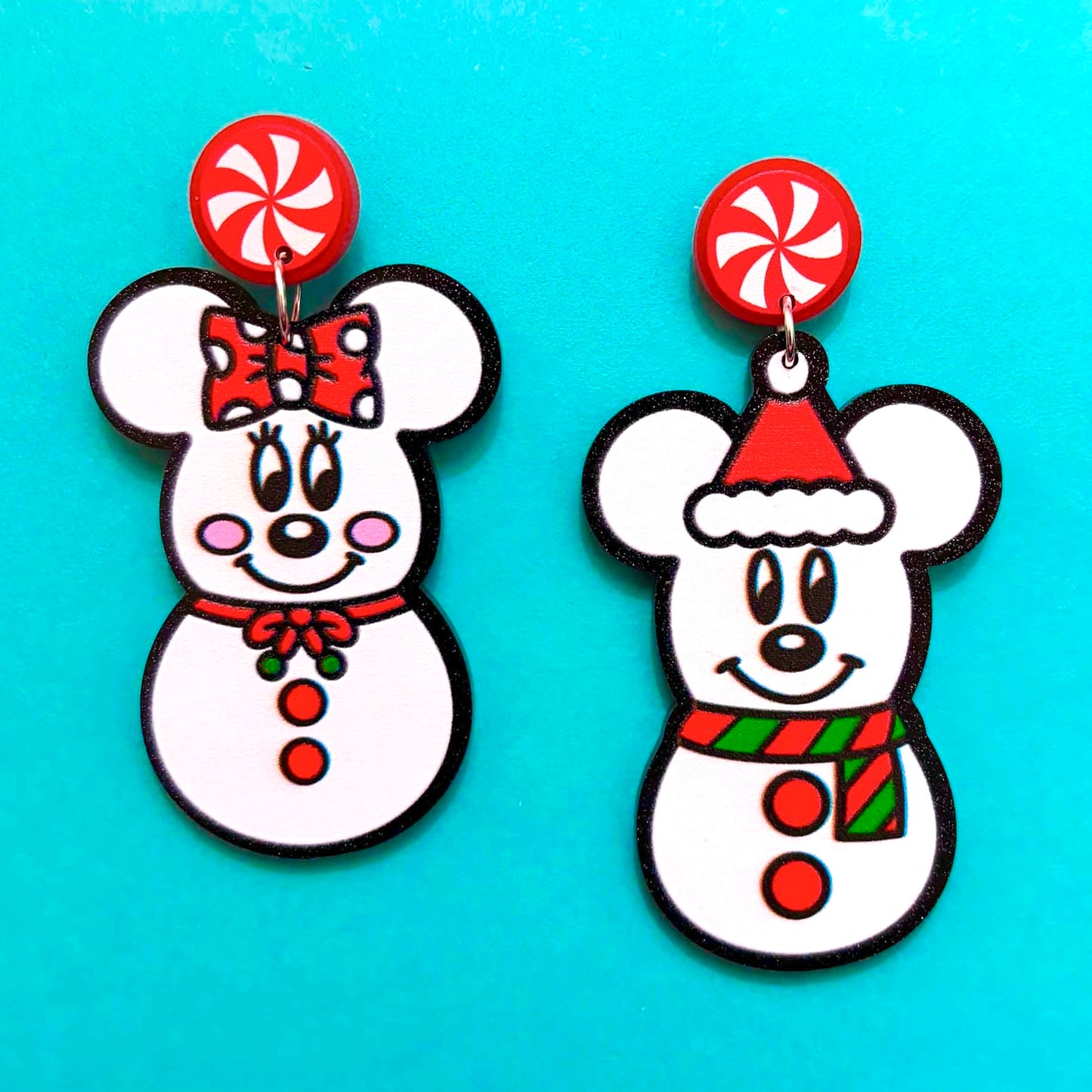 Mouse Peppermint Snowman Couple Drop Earrings