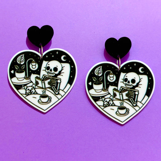 Skeleton Reader Heart Drop Earrings