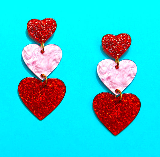 Red & Pink Heart Tiered Drop Earrings