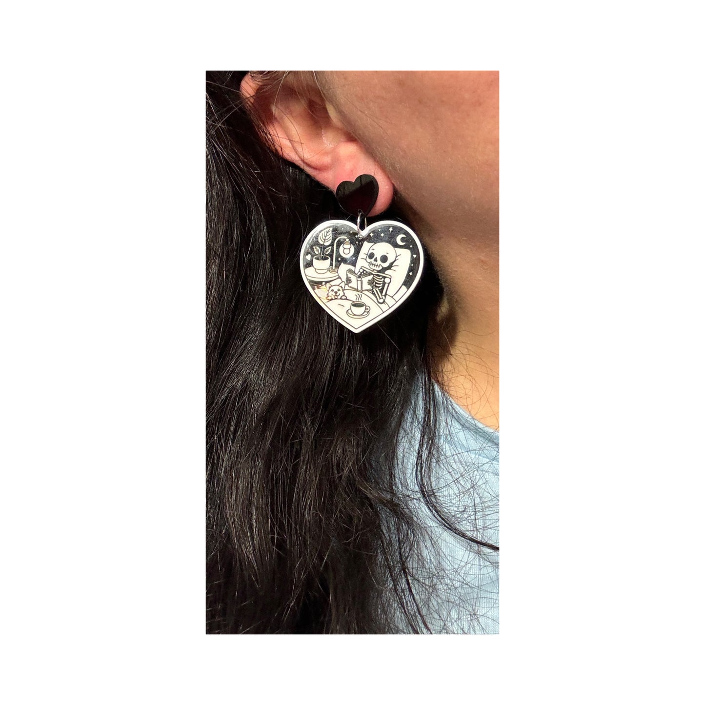 Skeleton Reader Heart Drop Earrings