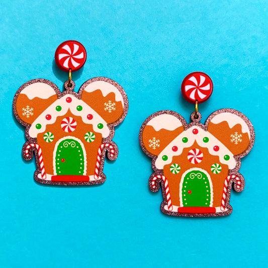 Mouse Gingerbread House Drop Earrings