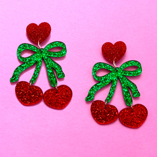 Cherry Heart Sparkle Drop Earrings