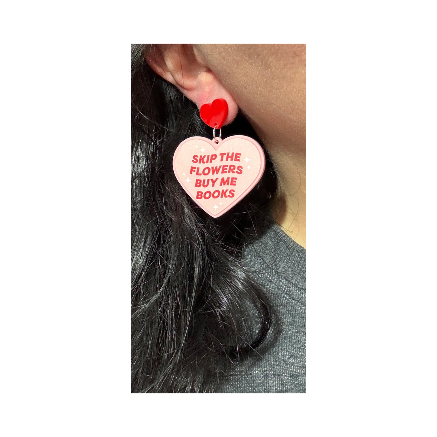 Skip The Flowers, Buy Me Books Heart Drop Earrings