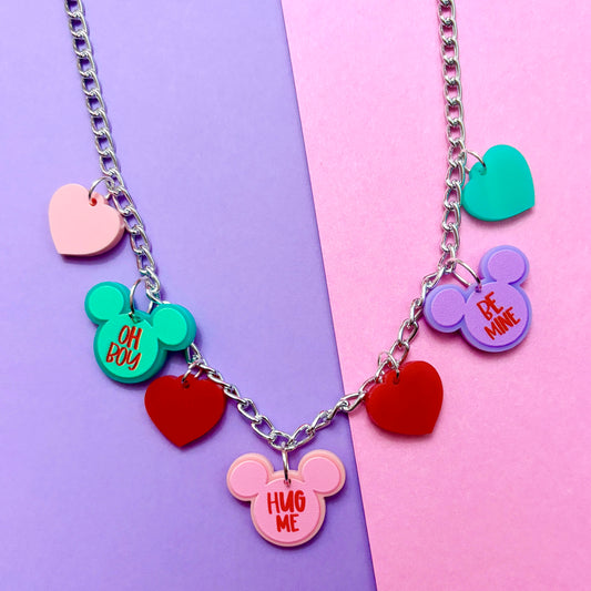 Mouse Conversation Heart Silver Charm Necklace