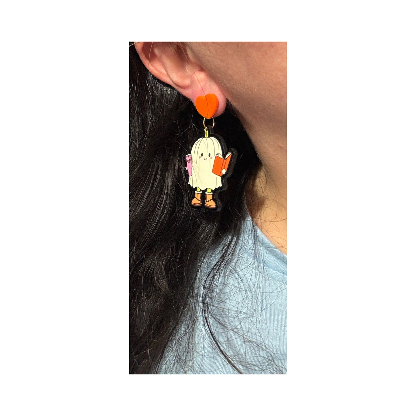 Bookish Ghostie Pumpkin Drop Earrings