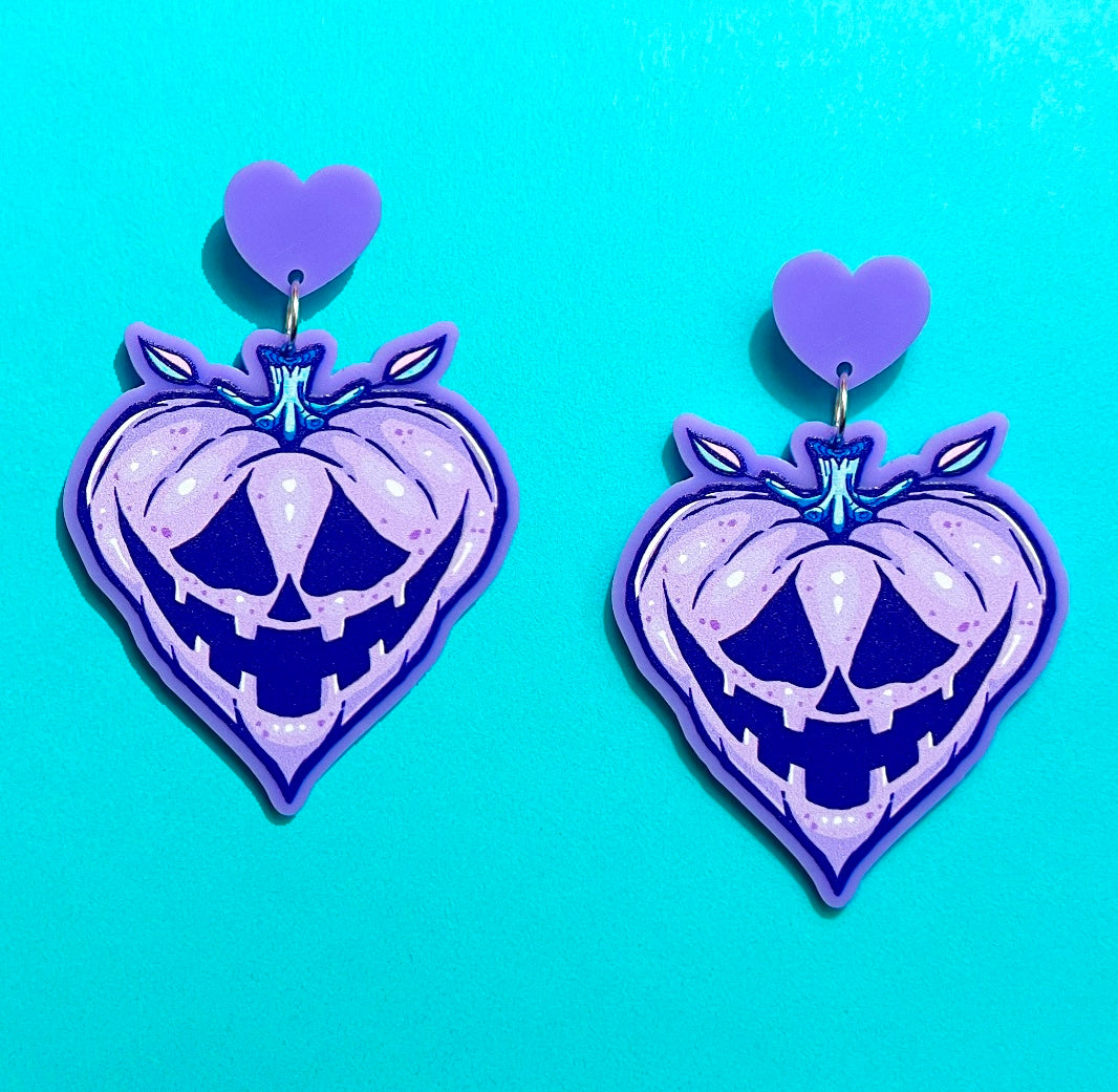 Pastel Lavender Heart Pumpkin Jack-O-Lantern Heart Acrylic Drop Earrings