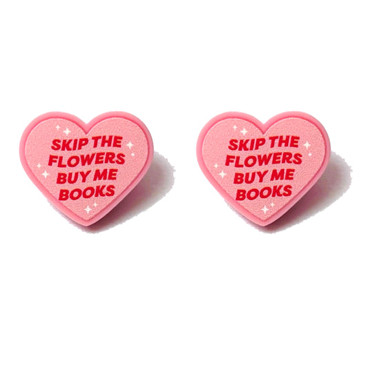 Skip the Flowers, Buy Me Books Heart Post Earrings