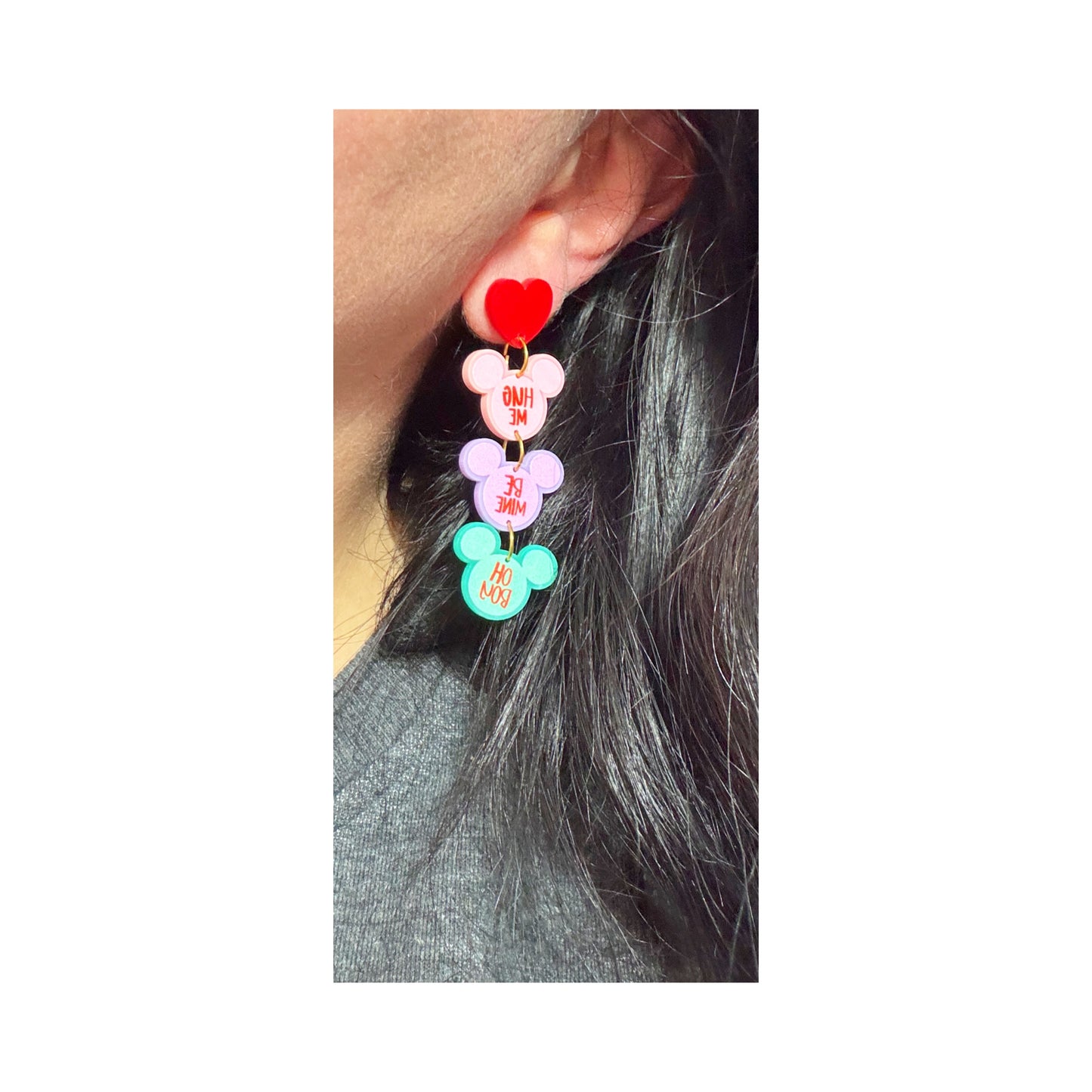 Mouse Conversation Heart 3-Tier Stacked Drop Earrings