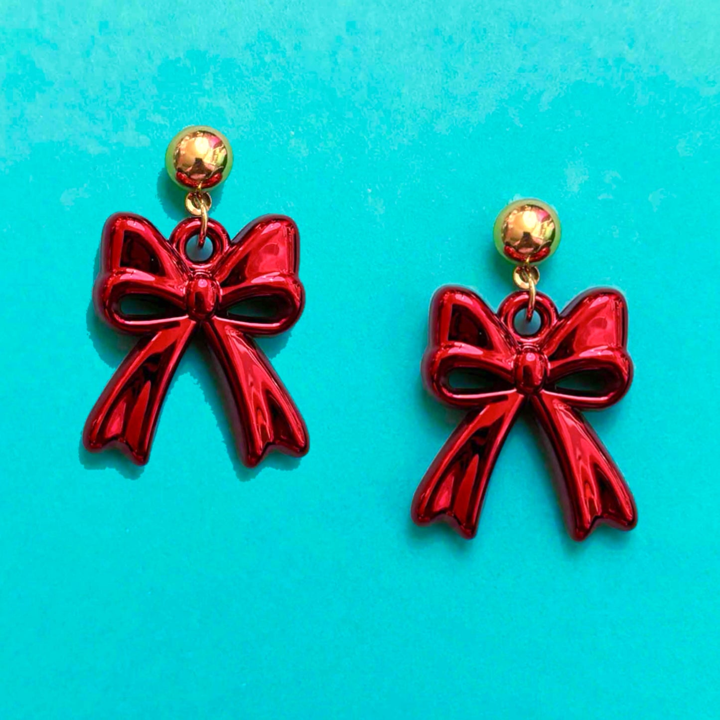 Red Metallic Bow Drop Earrings