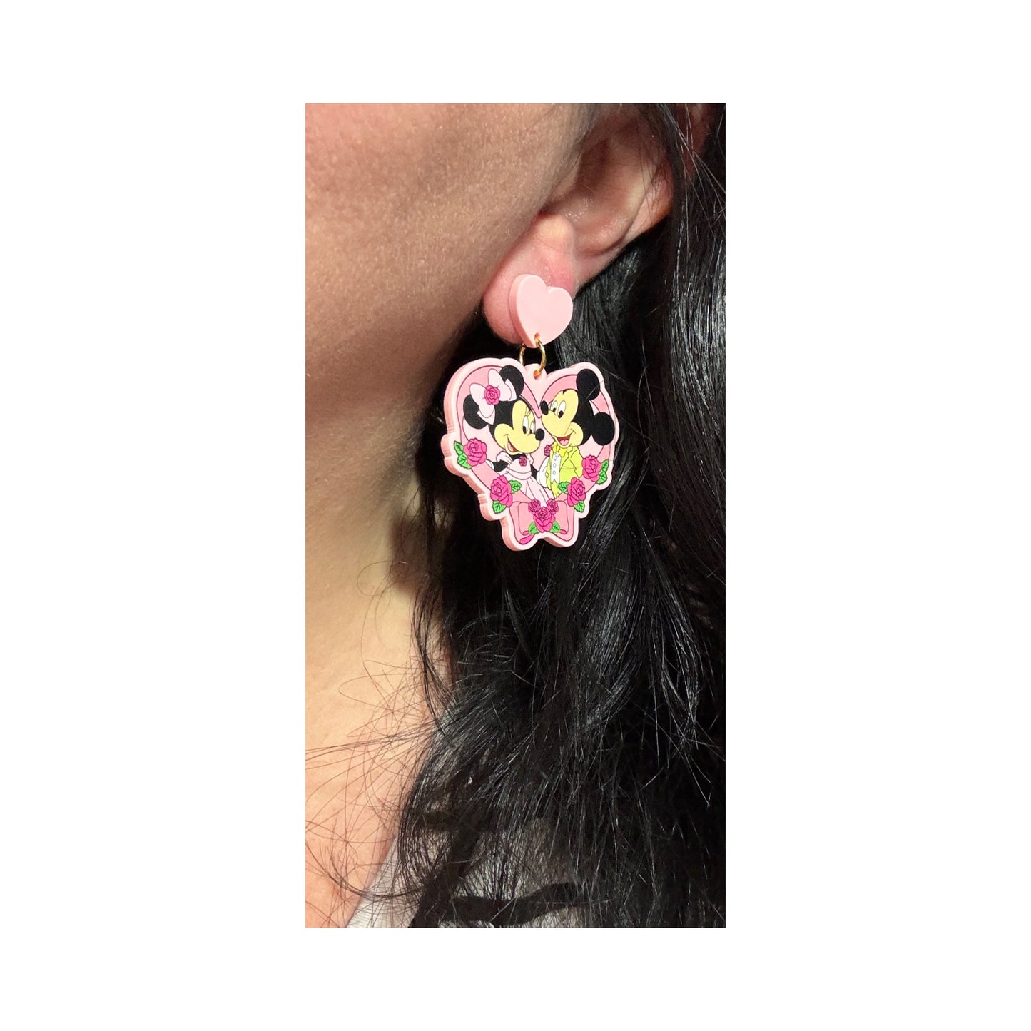 Pink Mouse Couple Floral Heart Drop Earrings