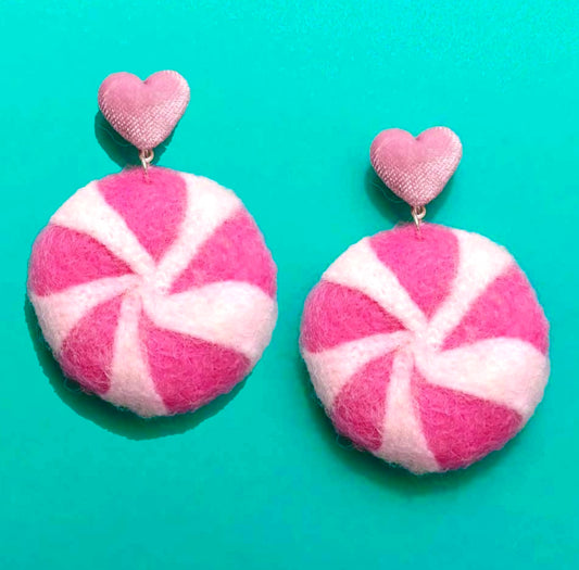 Pink Peppermint Wool Felt Drop Earrings