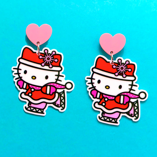 Pink Skating Kitty Drop Earrings