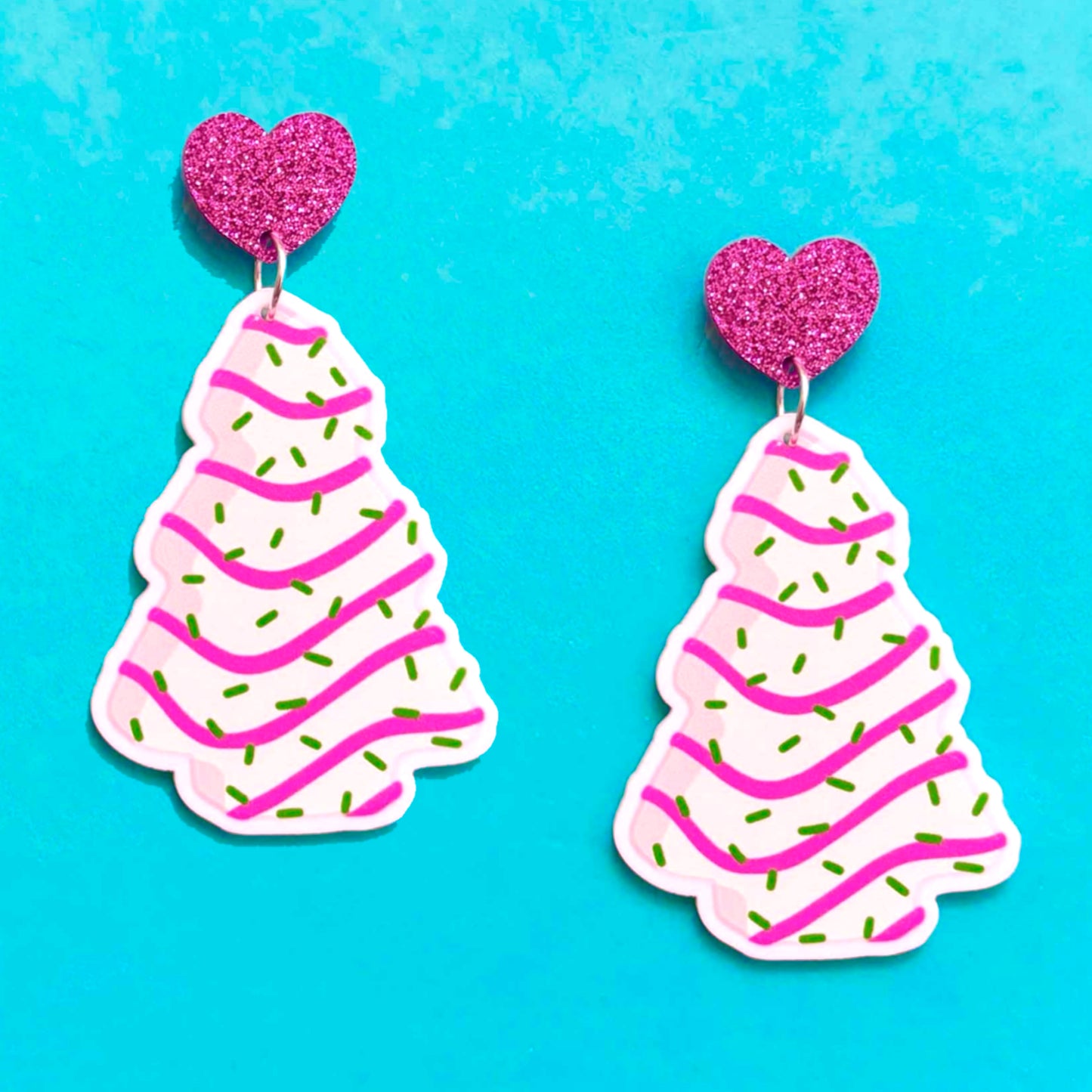 Pink Christmas Tree Cake Drop Earrings