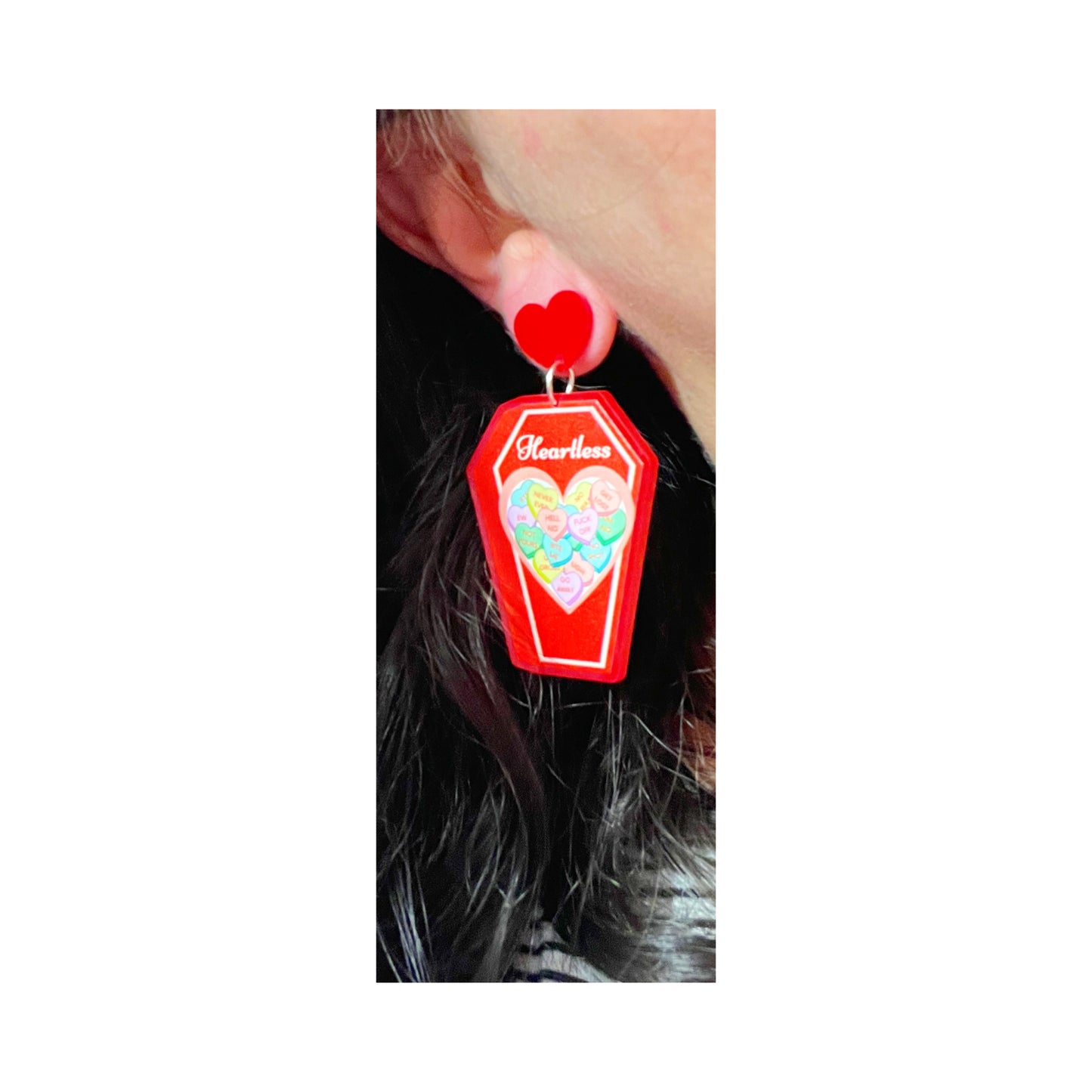 Red Heartless Coffin Drop Earrings