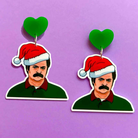 Ron Swanson Santa Hat Drop Earrings