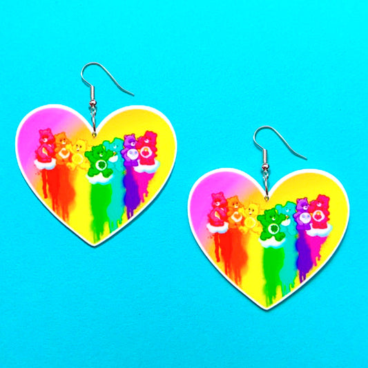 Rainbow Bears Heart Drop Earrings