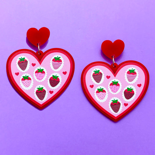 Heart Chocolate Strawberry Box Drop Earrings