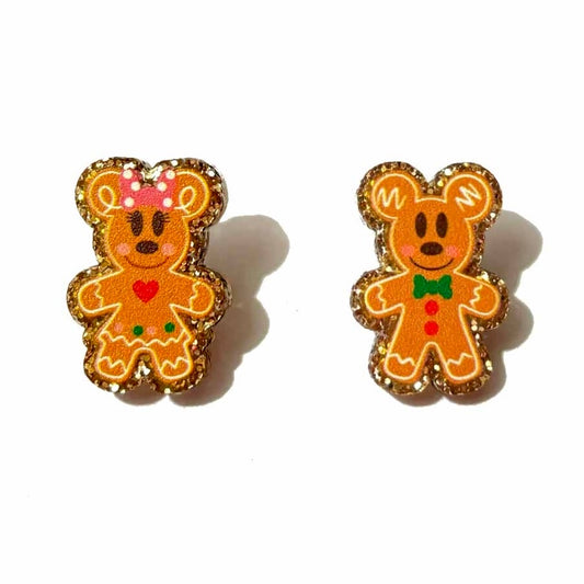 Mouse Gingerbread Couple Gold Glitter Post Earrings