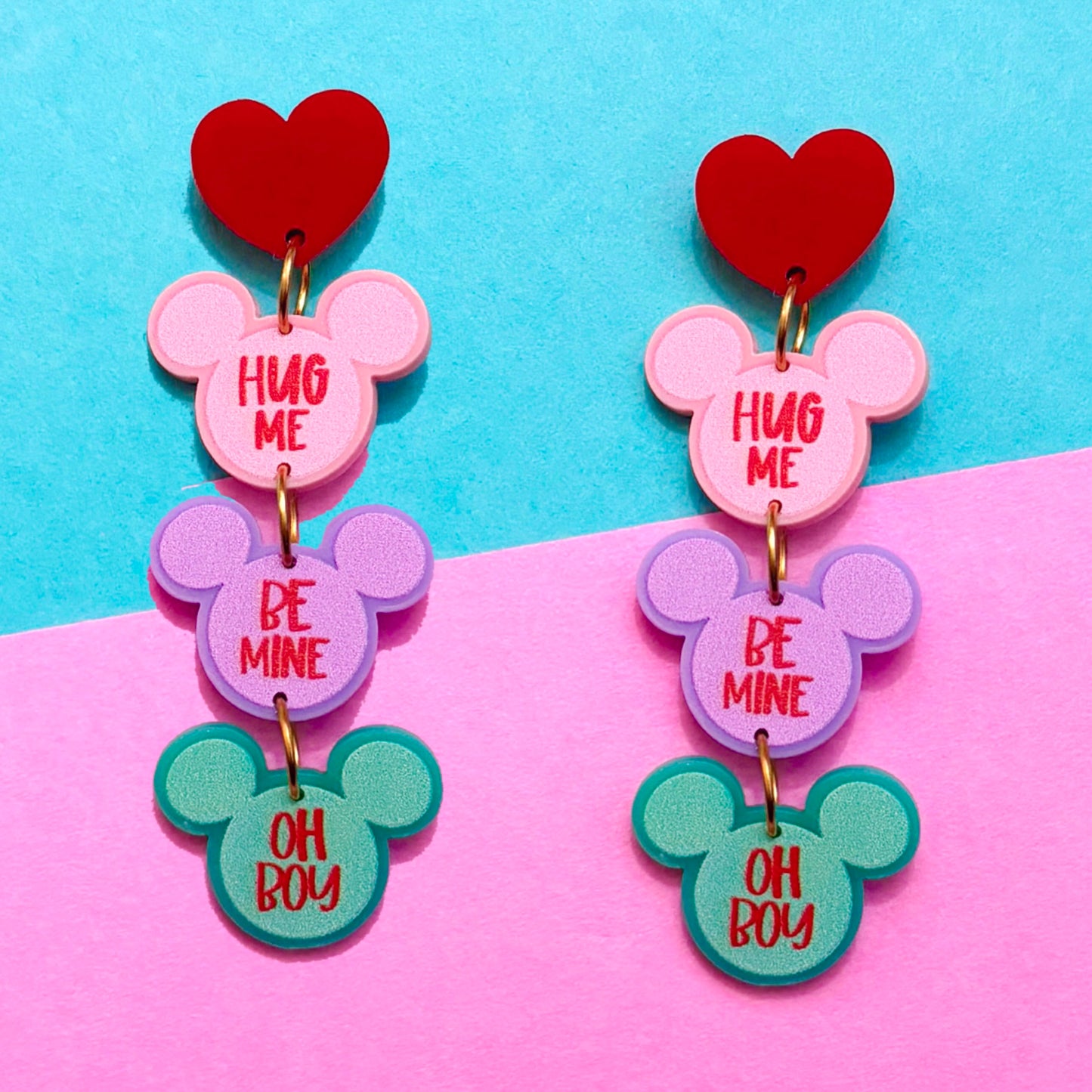 Mouse Conversation Heart 3-Tier Stacked Drop Earrings