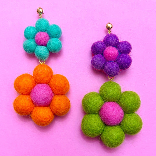 Large Multicolor Double Flower Wool Felt Drop Earrings