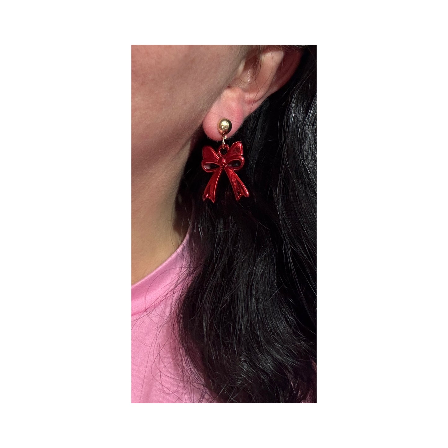 Red Metallic Bow Drop Earrings