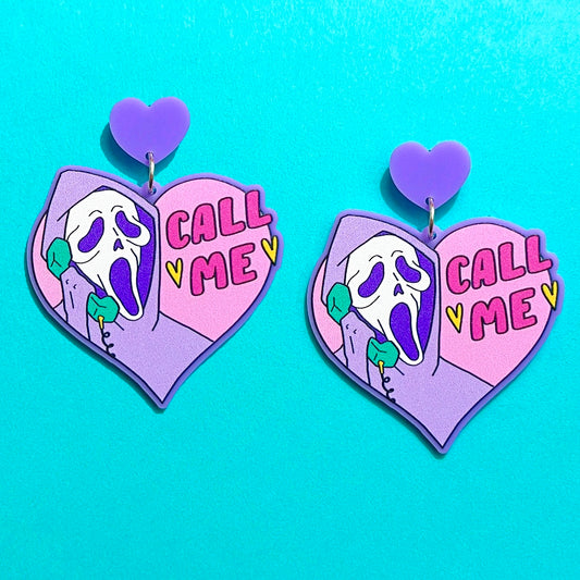 Pastel Call Me Ghost Face Scream Inspired Heart Acrylic Drop Earrings