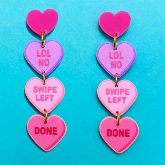 Sarcastic Conversation Heart 3-Tier Anti-Valentine’s Day Acrylic Drop Earrings