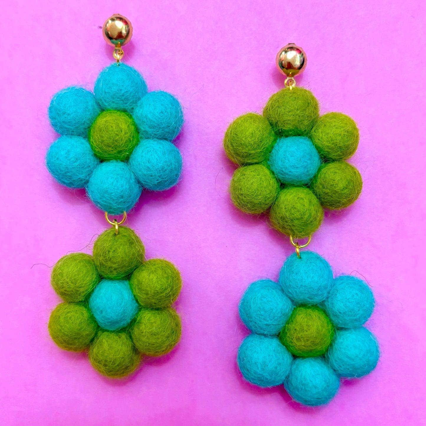 Green & Aqua Wool Felt Flower Drop Earrings