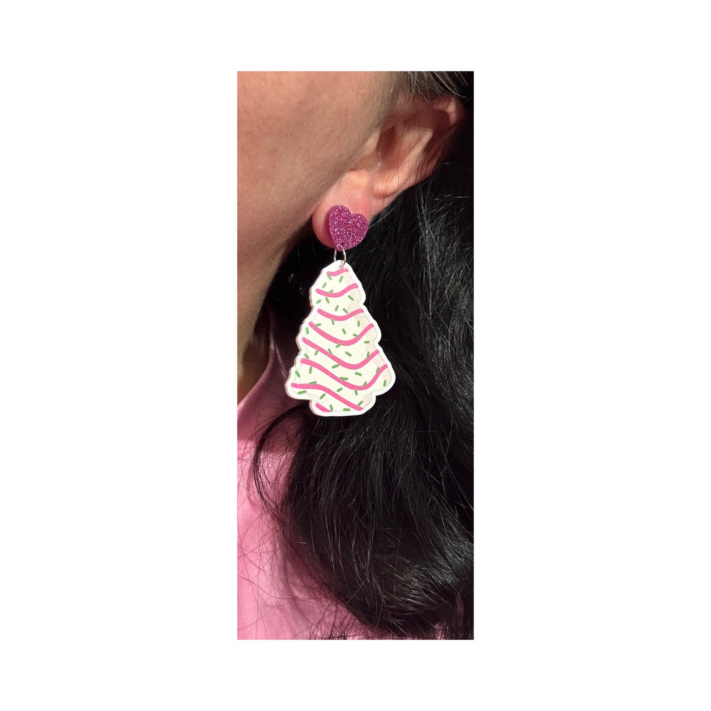 Pink Christmas Tree Cake Drop Earrings