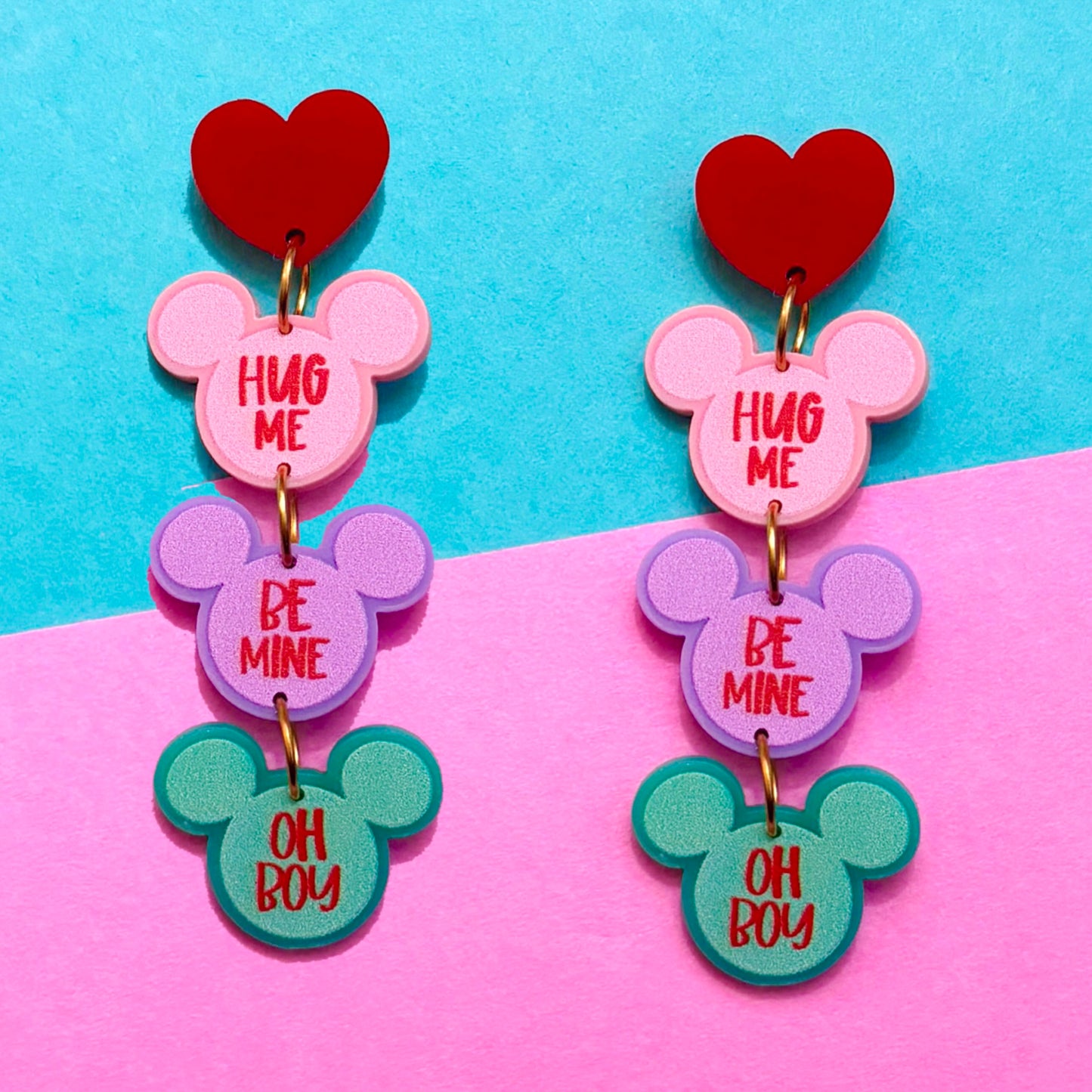 Mouse Conversation Heart 3-Tier Stacked Drop Earrings