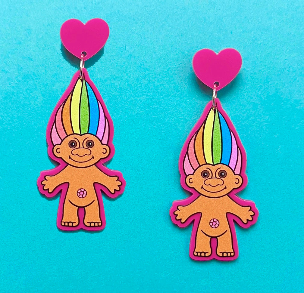 Rainbow Troll Acrylic Drop Earrings