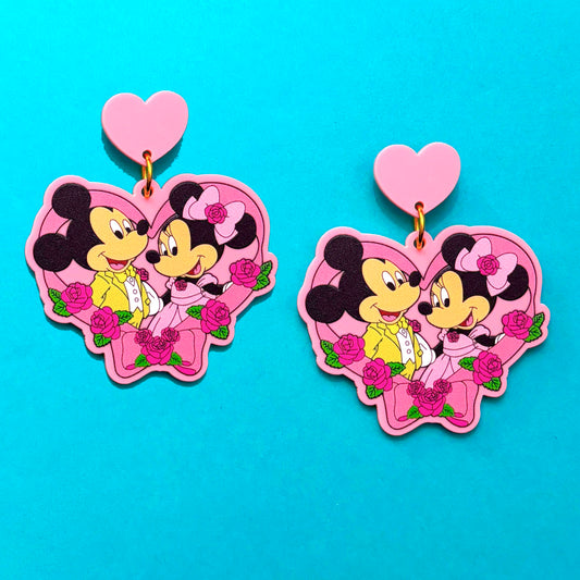 Pink Mouse Couple Floral Heart Drop Earrings