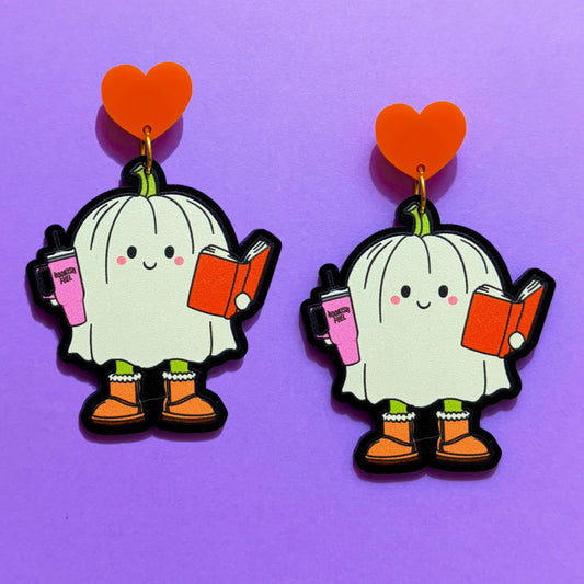 Bookish Ghostie Pumpkin Drop Earrings