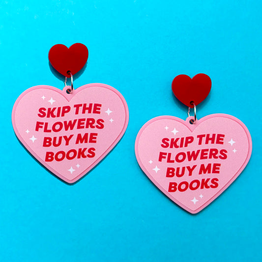 Skip The Flowers, Buy Me Books Heart Drop Earrings