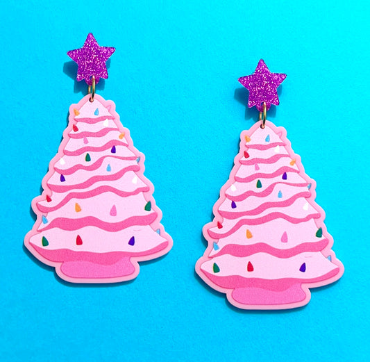 Pink Ceramic Inspired Christmas Tree Drop Earrings