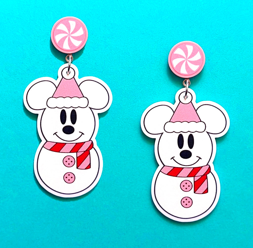 Pink Mouse Snowman Drop Earrings