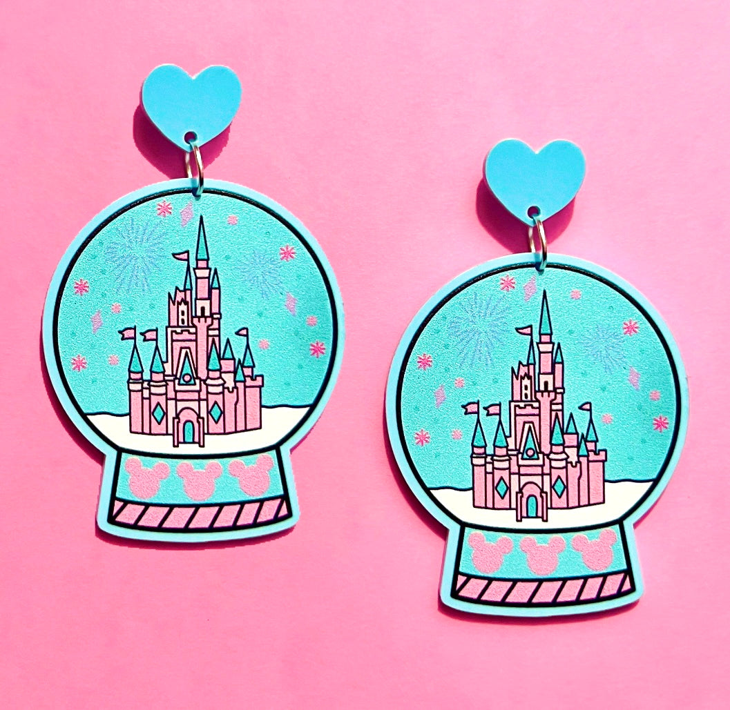 Pastel Winter Castle Snow Globe Drop Earrings