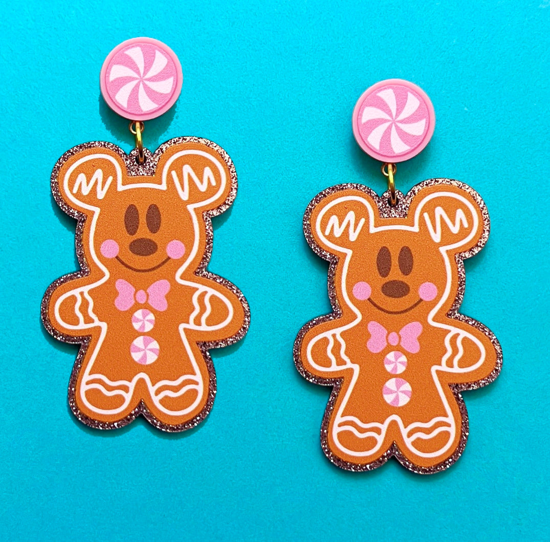 Pink Mouse Glitter Gingerbread Drop Earrings