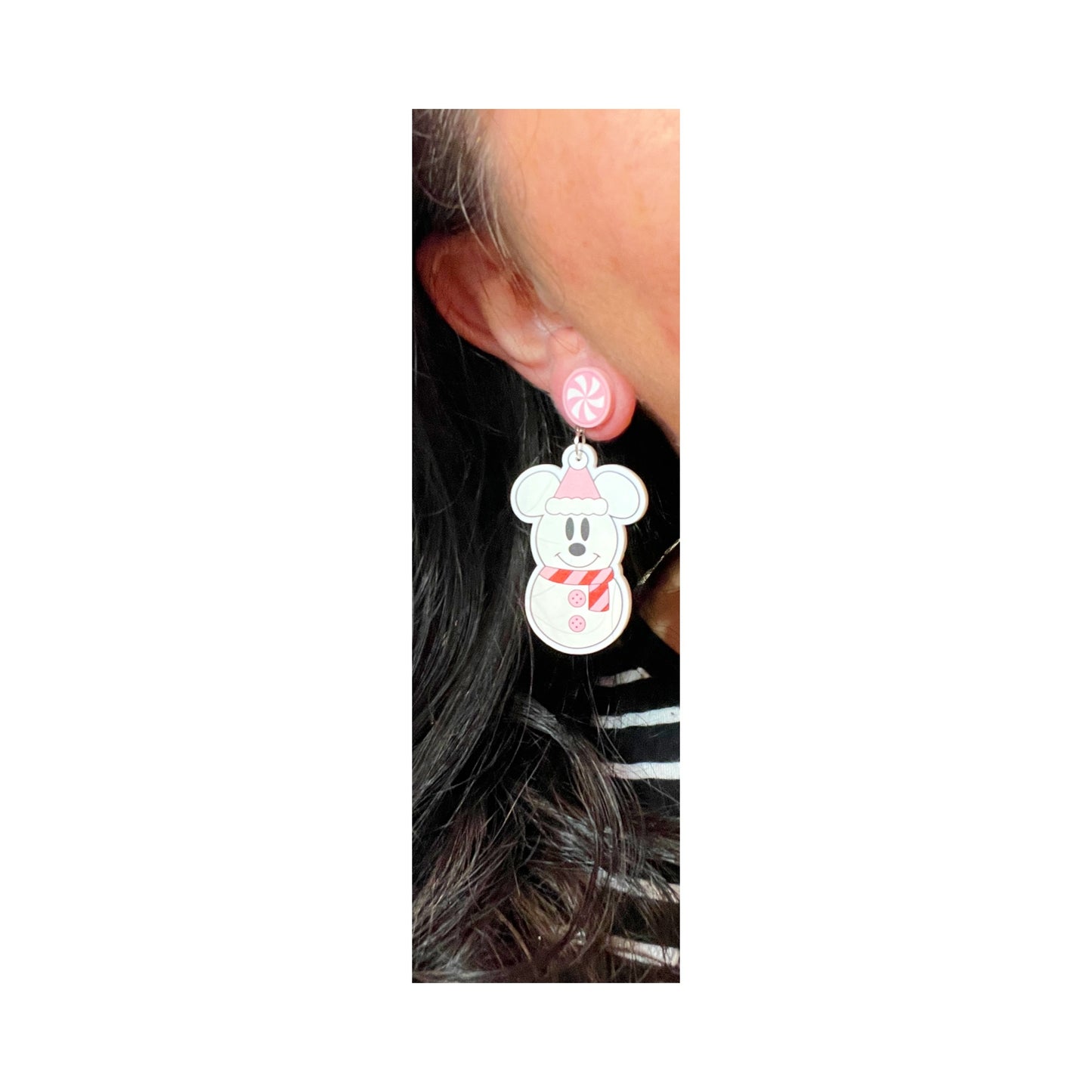 Pink Mouse Snowman Drop Earrings