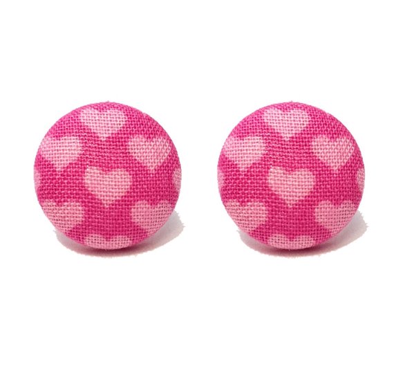 Pink Heart Fabric Button Earrings