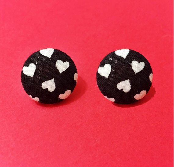 Black & White Heart Fabric Button Earrings