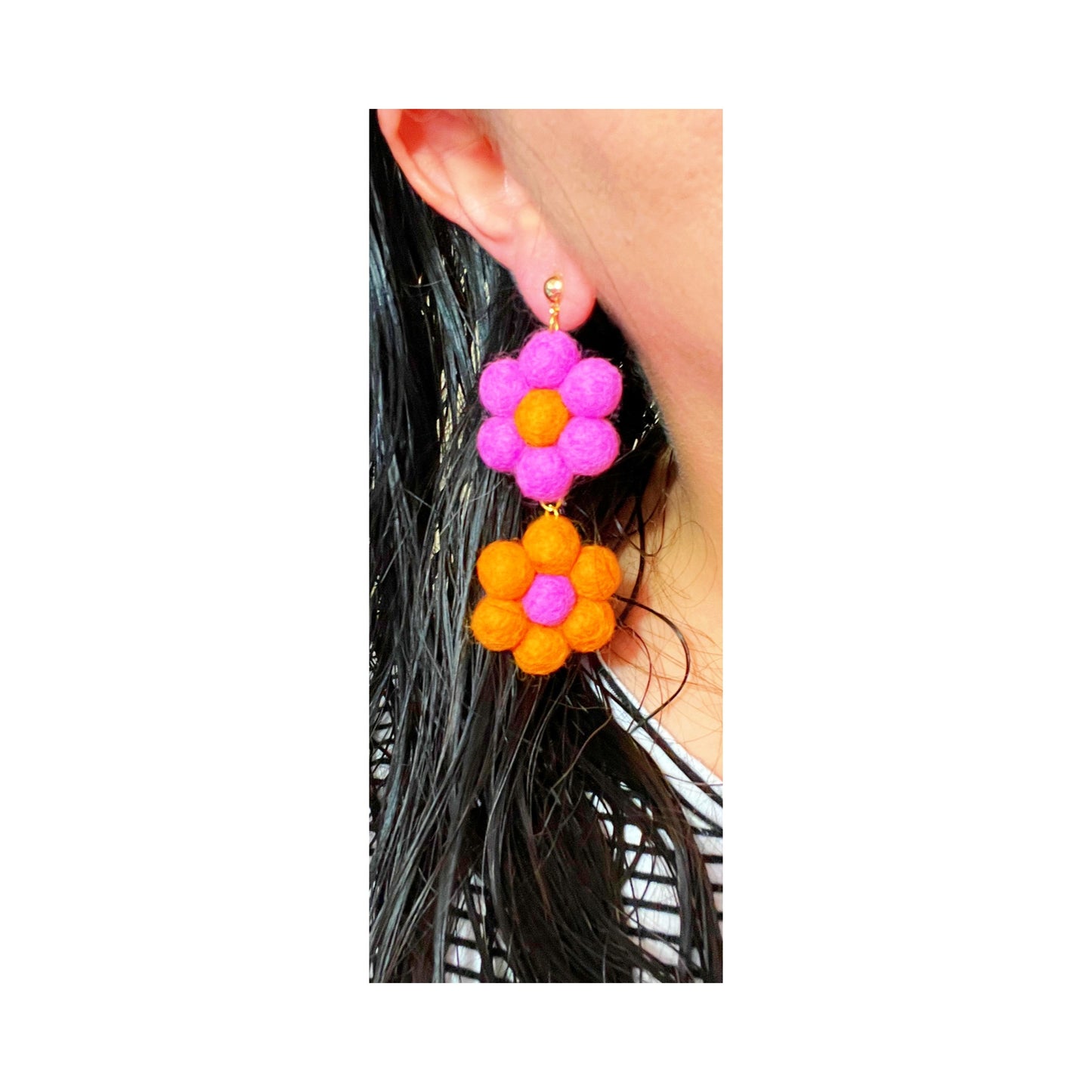 Hot Pink & Orange Double Flower Wool Felt Drop Earrings