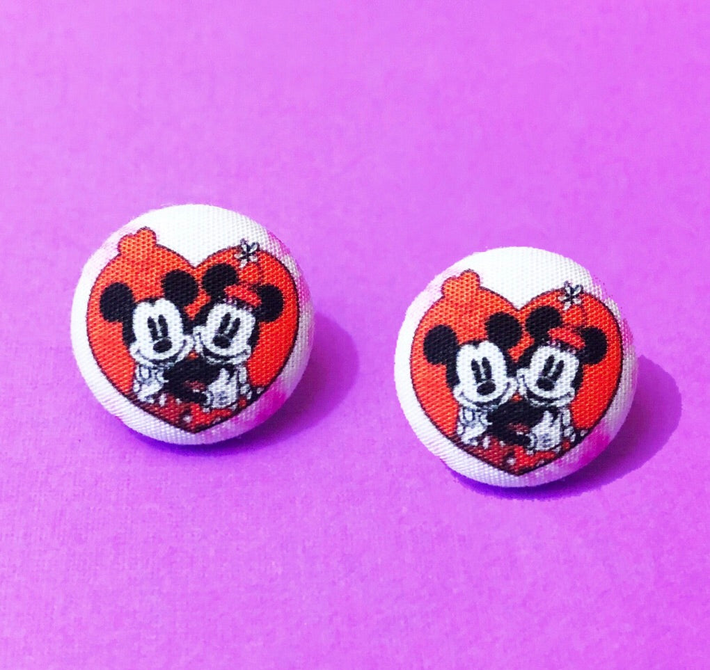 Mouse Love Valentine Fabric Button Earrings