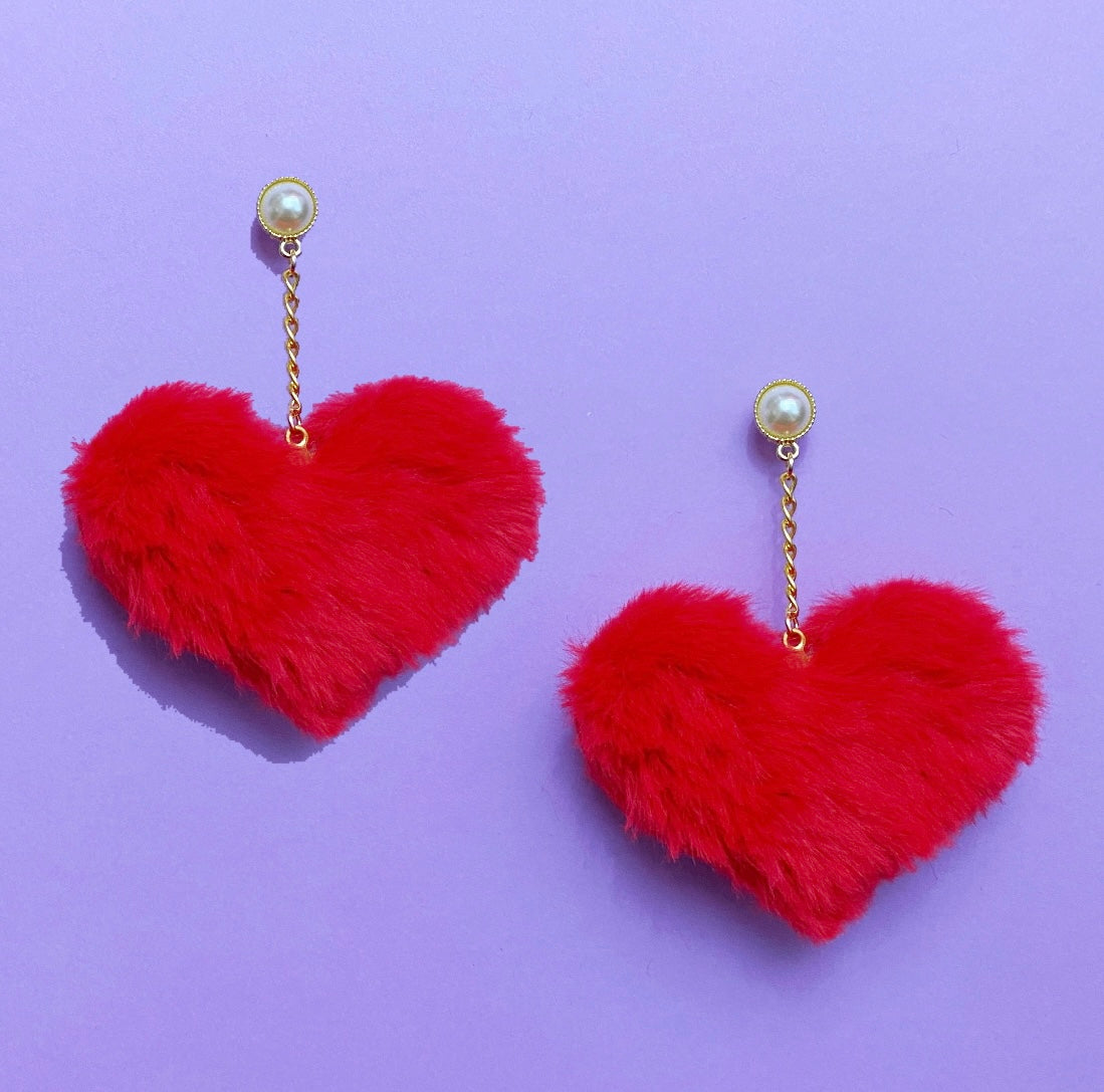 Large Red Faux Mink & Pearl Pom Pom Drop Earrings