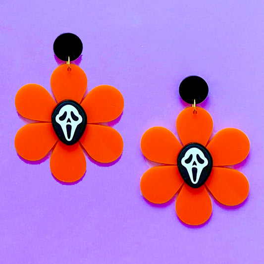 Orange Flower Ghost face Center Acrylic Drop Earrings