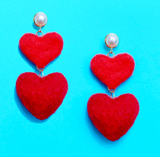 Red Double Heart Wool Felt Pom Pom Drop Earrings