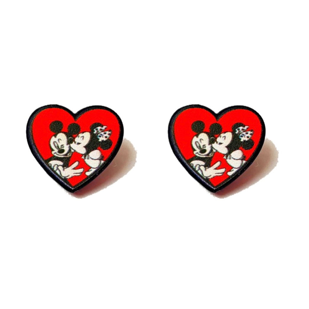 Mouse Love Red Heart Post Earrings